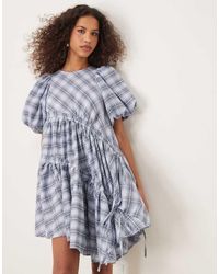 Ghospell - Asymmetrische Geruite Mini-Jurk Met Trekkoord - Lyst