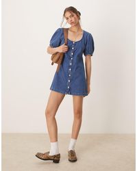 ASOS - Vestido Vaquero Corto Azul Con Lavado Medio, Mangas Abullonadas Y Botones De - Lyst