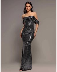 Goddiva - Sequin Sparkling Off Shoulder Cowl Bardot Maxi Dress - Lyst