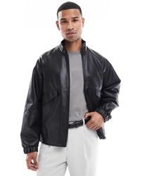 ASOS - Chaqueta Bomber Negra Con Cuello Alzado De Cuero Sintético De -Rojo - Lyst
