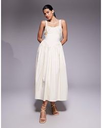 ASOS - Vestito Midi Con Gonna Ampia Color Avorio Con Bustino Strutturato - Lyst