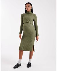 Mama.licious - Mamalicious Maternity Soft Knitted Rib Midi Dress With Nursing Function - Lyst