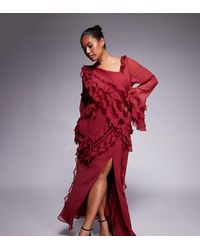 ASOS - Asos Design Curve Chiffon Long Sleeve Asymmetric Tie Soft Ruffle Maxi Dress - Lyst