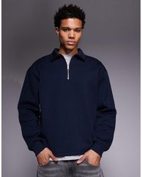ASOS - Sudadera Azul Marino Extragrande Con Cremallera Corta, Solapas Y Bajo Sobrehilado De - Lyst