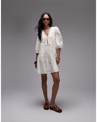 & Other Stories - Embroidered Mini Dress With Front Tie Detail And Tiered Hem - Lyst