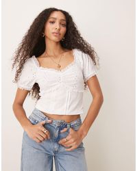 ASOS - Puff Sleeve Eyelet Milkmaid Top With Lace Trim - Lyst