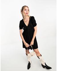 Monki - Mini Smock Dress With Puff Sleeves - Lyst