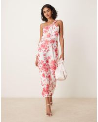 Y.A.S - One Shoulder Red Floral Satin Maxi Dress - Lyst