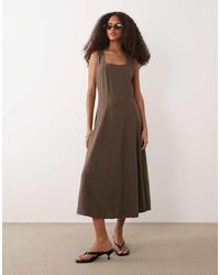 Vila - Square Neck Linen-touch Midi Dress - Lyst