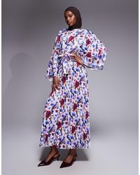 Iyal - Vestito Caftano A Maniche Lunghe A Pieghe Blu Con Stampa A Fiori - Lyst