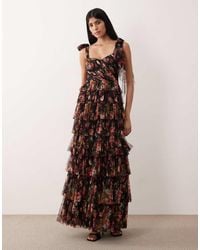 LACE & BEADS - Tulle Bow Shoulder Tiered Maxi Dress - Lyst