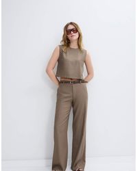Stradivarius - Broek Met Rechte Pijpen, Linnenlook En Riem - Lyst