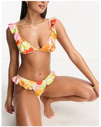 Miss Selfridge - Painted Bright Floral Frill Bikini Top - Lyst