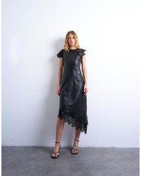 TOPSHOP - Leren Midi Jurk Met Kanten Inzetstuk Op De Schouder - Lyst