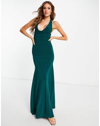 I Saw It First Double Layer Slinky Deep Plunge Cross Back Maxi Dress - Green