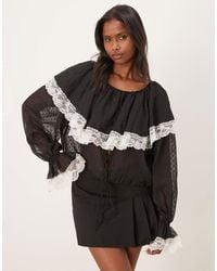 For Love & Lemons - June Dobby Mesh Lace Trim Cape Detail Blouse - Lyst