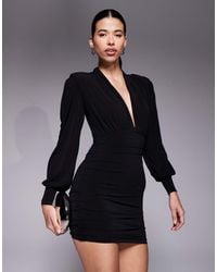 Ruched & Ready - Focus On Me Removable Shoulder Pad Detail Sculpting Plunge Neck Balloon Sleeve Mini Dress - Lyst