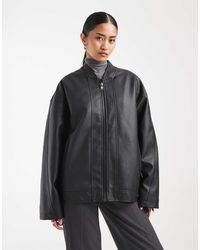 ASOS - Chaqueta Biker Negra Con Forro Guateado De Tejido Efecto Cuero De - Lyst