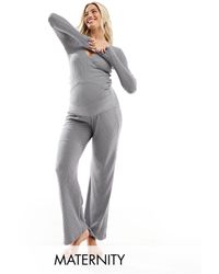 Hunkemöller - Maternity Brushed Rib Wrap Front Top And Wide Leg Pants Pyjama Set - Lyst