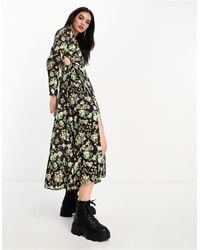 Mango - Long Sleeve Keyhole Side Split Leg Floral Printed Dress - Lyst