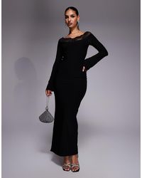 Fashionkilla - Exclusive Slinky Lace Trim Bardot Flare Sleeve Maxi Dress - Lyst