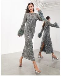 ASOS - Geo Embellished Long Sleeve Maxi Dress With Faux Feather Cuff - Lyst