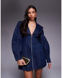 ASOS - Denim Jurk Met Lange Mouwen En Oversized Kraag - Lyst
