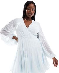 ASOS - Vestido Corto Cruzado Con Mangas Globo Y Detalle De Lazada En La Cintura De Asos Design Curve - Lyst