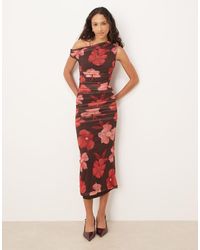 Mango - Asymmetrische Midi Jurk Van Mesh Met Bruine En Roze Bloemenprint - Lyst