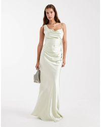 Six Stories - L'invitée - robe longue satinée asymétrique à col bénitier - menthe - Lyst