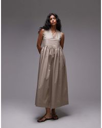 TOPSHOP - Vestido Midi Color Topo Cómodo Con Cintura Baja De Popelina Gruesa De -Marrón - Lyst