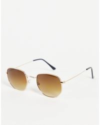 South Beach - Hexagonal Aviator Sunglasses With Gold Frames And Brown Lens - Lyst