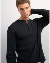 TOPMAN - Maglietta Henley A Maniche Lunghe Slim Fit A Coste Nera - Lyst