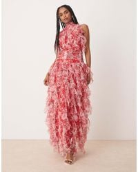 LACE & BEADS - Backless Ruffle Tulle Maxi Dress - Lyst
