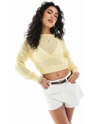 Miss Selfridge - Top A Maniche Lunghe All'Uncinetto Color Limone Con Scollo A Barchetta - Lyst