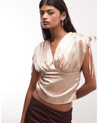 Reclaimed Vintage - Ruched Shoulder Satin V-neck Top - Lyst