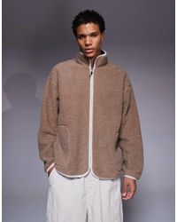 ASOS - Sudadera Beis Extragrande Con Cuello Alzado Y Cremallera De Borreguito De -Neutro - Lyst