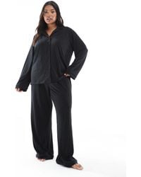 Loungeable - Curve Super Soft Jersey Revere Top And Wide Leg Pants Pyjama Set With Piping Detail - Lyst