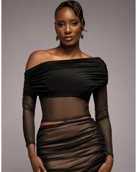 Goddiva - Gathered Bardot Asymmetric Mesh Panel Top - Lyst