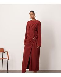 ARRANGE - Curve Long Sleeve Draped Satin Maxi Dress With Gold Hardware - Lyst