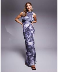 ASOS - Maxi-Jurk Met Hoge Hals, Gedrapeerde Rug En Marmerprint - Lyst