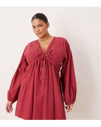 ASOS - Asos Design Curve Cord V-neck Tie Bust Mini Dress With Volume Sleeve - Lyst