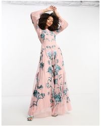 ASOS - Blouson Sleeve Floral Embroidered Maxi Dress With Open Back - Lyst