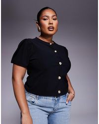 ASOS - Asos Design Curve Ribbed Puff Sleeve Structured Button Through Top - Lyst