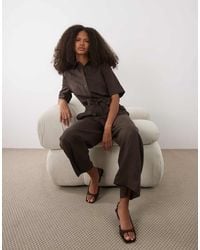 Mango - Linen Mix Belted Short Sleeve Jumpsuit - Lyst