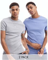 ASOS - Confezione da 2 t-shirt attillate a coste color grigio mélange e blu - Lyst