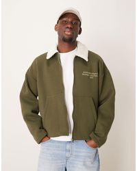 ASOS - Oversized Jersey Coach Jacket With Borg Collar And Chest Print - Lyst