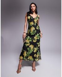 ASOS - Vestido Largo Negro De Corte Al Bies Con Estampado Floral, Cuerpo Estilo Corsé, Volantes Y Detalle De Lazada De - Lyst