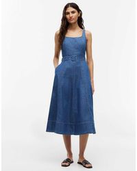 Tommy Hilfiger - Belted Denim Fit And Flare Midi Dress - Lyst