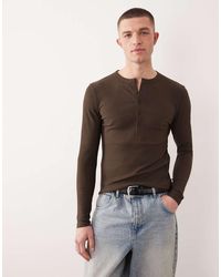 ASOS - Net Geribbeld Muscle Fit Henley T-Shirt Van Zware Stof Met Lange Mouwen - Lyst
